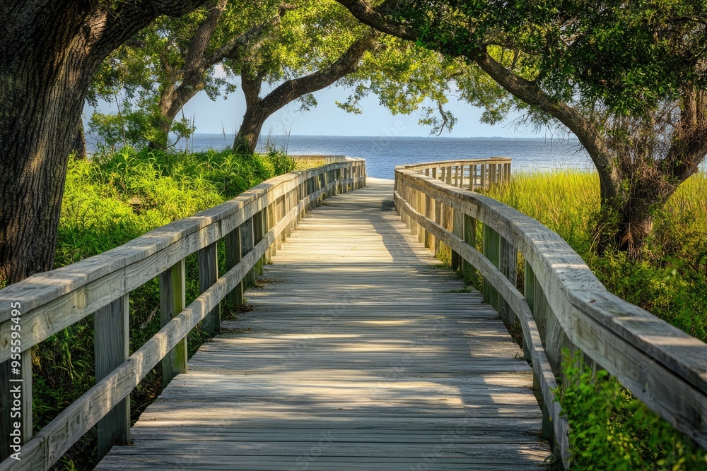 Obraz premium Nc Sc. Wood Boardwalk at Waterfront Park in Southport, North Carolina by the Sea