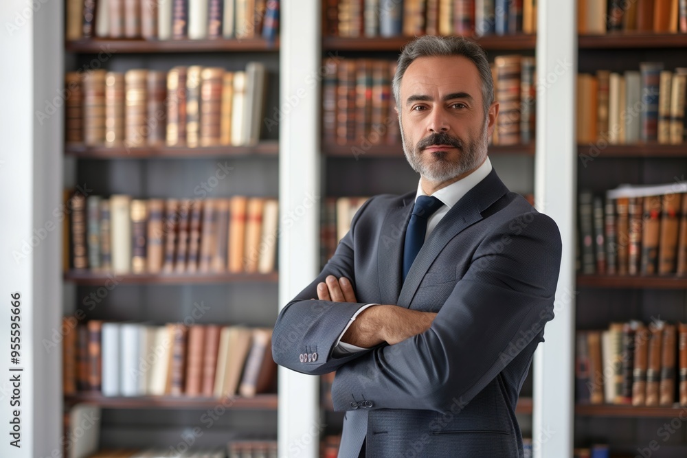 Confident and experienced lawyer in a sophisticated office library, embodying authority, leadership, and professionalism in a corporate setting Confident and experienced lawyer in a sophisticated office library, embodying authority, leadership, and professionalism in a corporate setting