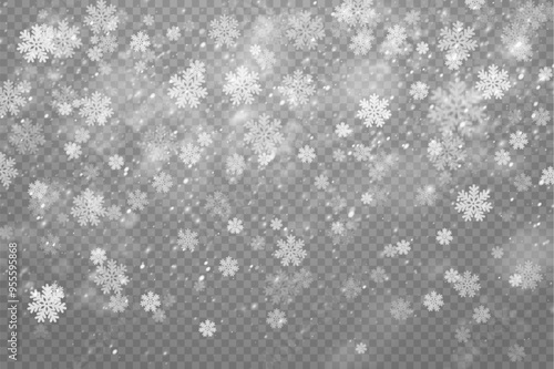 Christmas snowflakes on a transparent background. Snow flakes, snow background. Heavy snowfall, snowflakes in different shapes and forms.