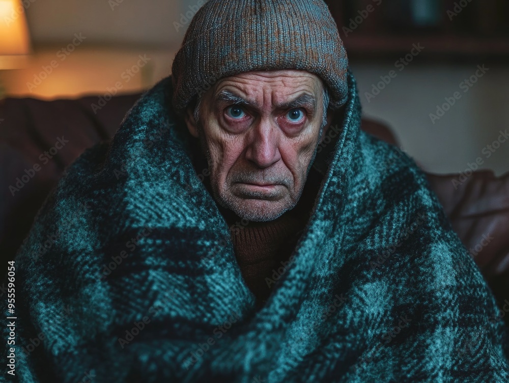 Elderly Man Wrapped in Blanket, Deep in Contemplation Elderly Man Wrapped in Blanket, Deep in Contemplation