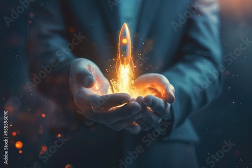 The concept of fast business success is illustrated by a glowing rocket in the palm of a businessman, shrouded in an air of intrigue photo