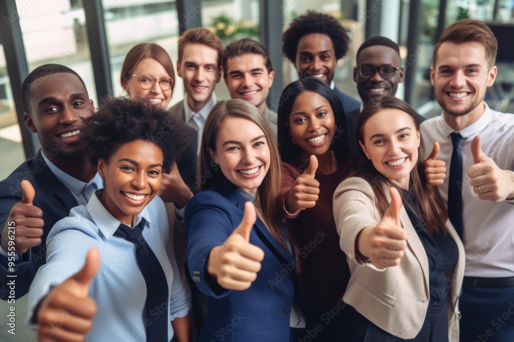 Portrait of overjoyed young diverse employees workers show thumb up recommend good quality company service. Smiling multiethnic colleagues celebrate shared business success or victory in office Portrait of overjoyed young diverse employees workers show thumb up recommend good quality company service. Smiling multiethnic colleagues celebrate shared business success or victory in office