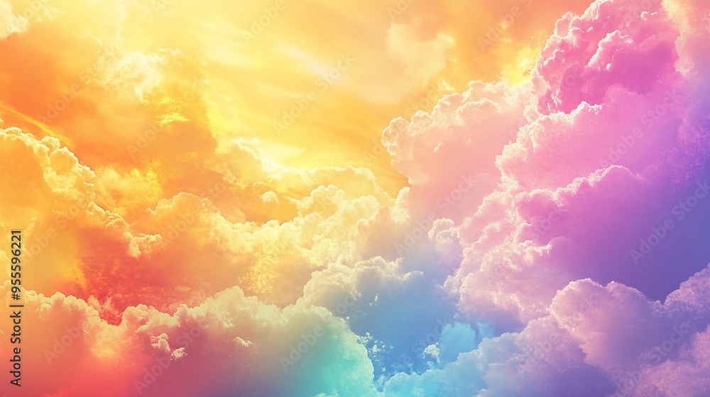 A stunning sky with vibrant, rainbow-colored clouds and a bright, sunny yellow color, set against a fun, festive background A stunning sky with vibrant, rainbow-colored clouds and a bright, sunny yellow color, set against a fun, festive background