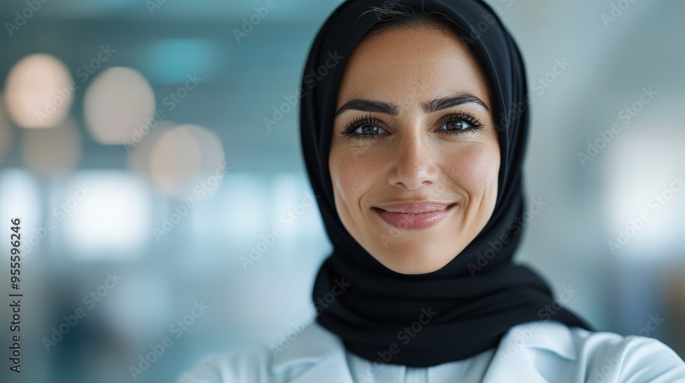 A close-up portrait of a woman in a black hijab, smiling with confidence, set against a softly blurred background, capturing her serene and composed demeanor effortlessly. A close-up portrait of a woman in a black hijab, smiling with confidence, set against a softly blurred background, capturing her serene and composed demeanor effortlessly.