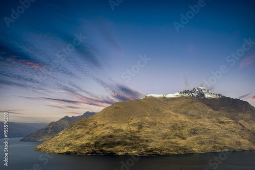 view from Lake Wakatipu to the Walter Peak during sunset in Queenstown, New Zealand