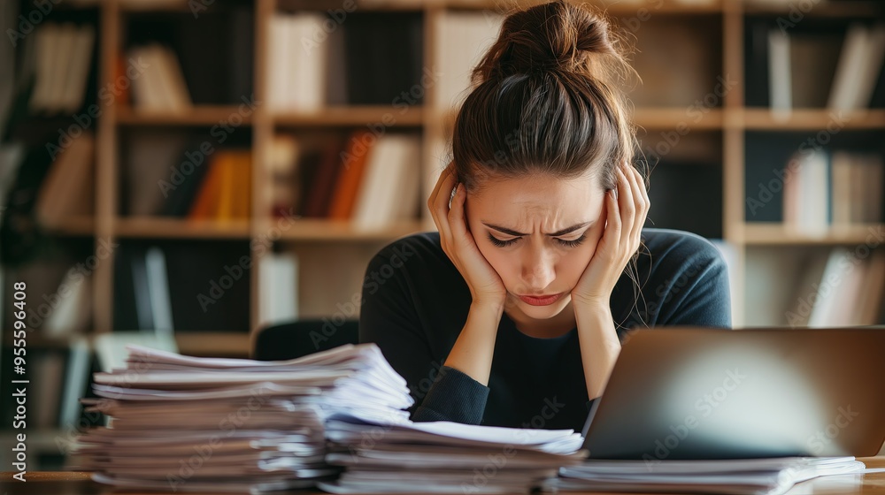 Underneath Paperwork Overwhelmed woman buried under paperwork, feeling stressed and ...