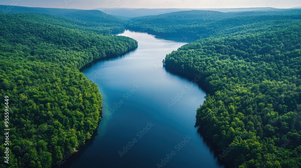 An aerial view of a large lake with a winding shoreline, surrounded by dense forest and hills. An aerial view of a large lake with a winding shoreline, surrounded by dense forest and hills.