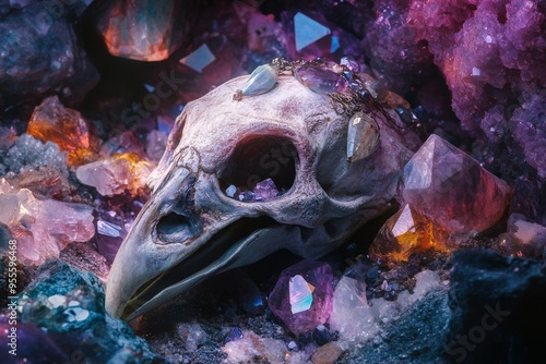 Mystical Bird Skull Among Gemstones inDark Cave Evoking Secrets and Treasures photo