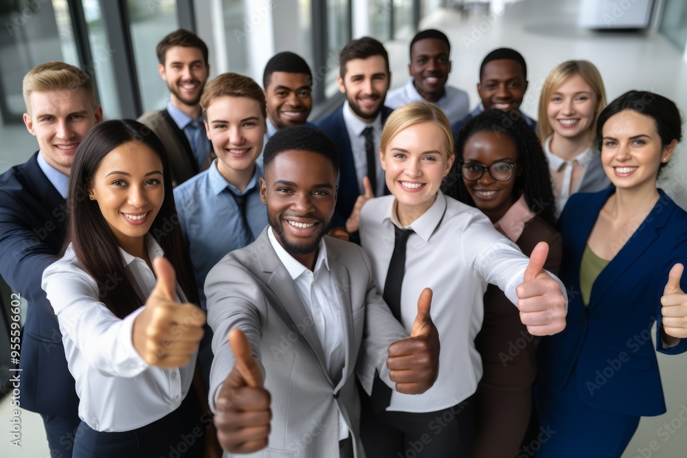 Portrait of overjoyed young diverse employees workers show thumb up recommend good quality company service. Smiling multiethnic colleagues celebrate shared business success or victory in office Portrait of overjoyed young diverse employees workers show thumb up recommend good quality company service. Smiling multiethnic colleagues celebrate shared business success or victory in office