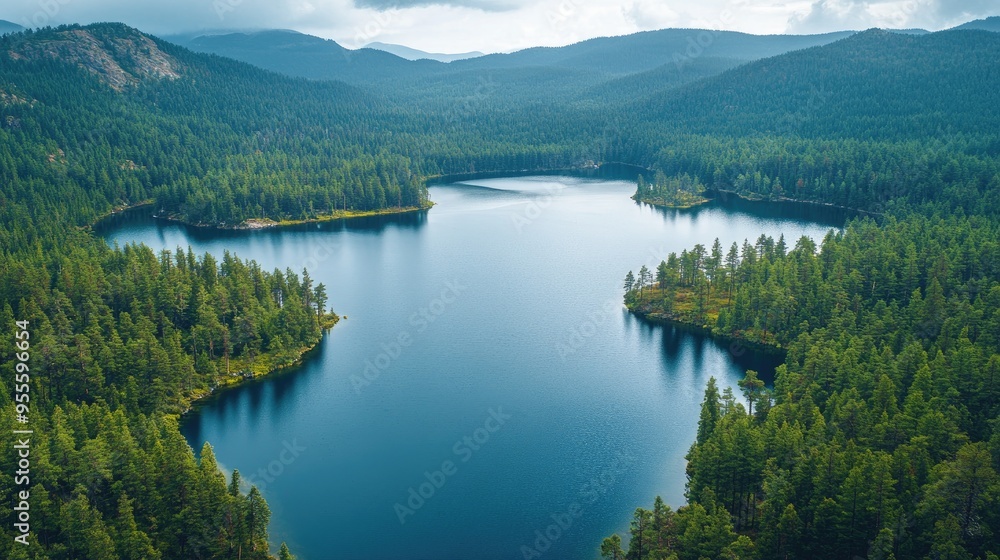 An aerial view of a large lake with a winding shoreline, surrounded by dense forest and hills. An aerial view of a large lake with a winding shoreline, surrounded by dense forest and hills.