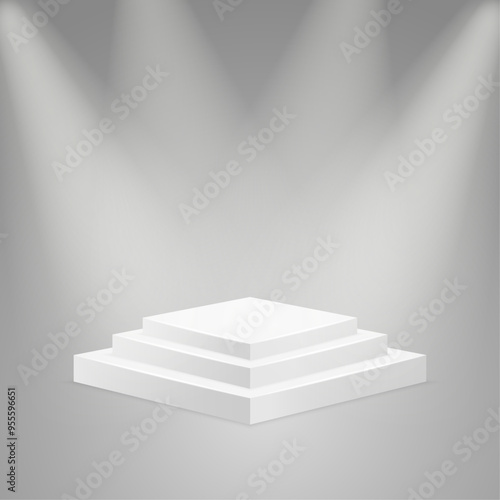 White pedestal with lights on grey background. White podium.