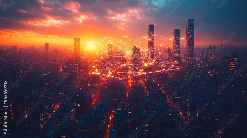 Sunset Cityscape with Illuminated Digital Network Interface, Representing Urban Connectivity and Technological Progress Sunset Cityscape with Illuminated Digital Network Interface, Representing Urban Connectivity and Technological Progress