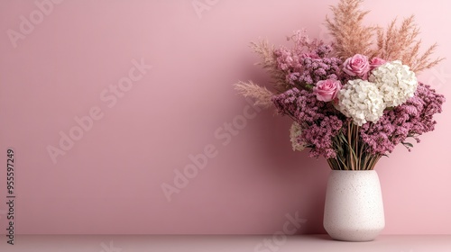 A sophisticated composition features an elegant vase filled with delicate pink and white flowers set against a soft pink wall, creating a harmonious and aesthetic balance.