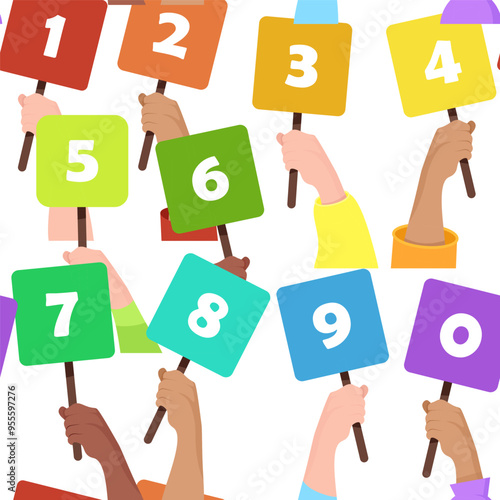 Seamless pattern of colorful cards with numbers held in hands on a white background