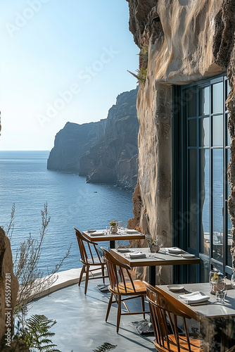 Dining Space on a Cliffside in Santorini with Cats photo