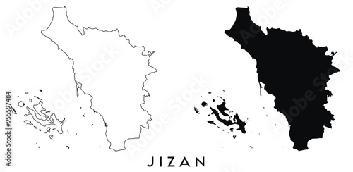 Jizan map outline and black silhouette vector