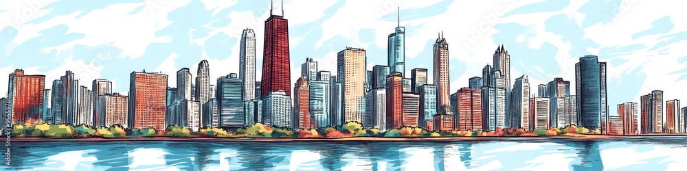 Obraz premium Chicago Skyline Cartoon. Hand Drawn Color Panorama of City Landscape with Skyscrapers