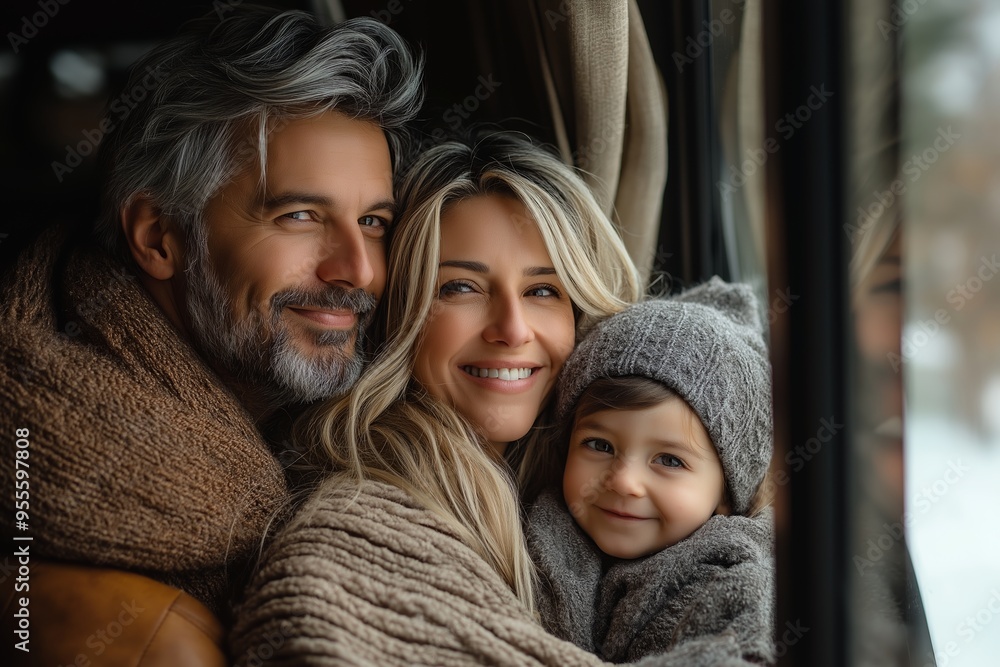 A heartwarming portrait of a happy family enjoying a cozy moment together by the window on a winter day. A heartwarming portrait of a happy family enjoying a cozy moment together by the window on a winter day.