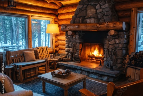 Cozy Retreat: Warm and Inviting Log Cabin InteriorStone Fireplace Ambiance