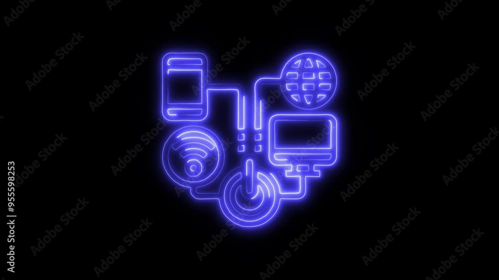 Neon Digital Network Icon - Glowing Devices and Power Symbol on Black Background Representing Advanced Connectivity, IoT Integration, and Modern High-Tech Digital Communication Systems Neon Digital Network Icon - Glowing Devices and Power Symbol on Black Background Representing Advanced Connectivity, IoT Integration, and Modern High-Tech Digital Communication Systems