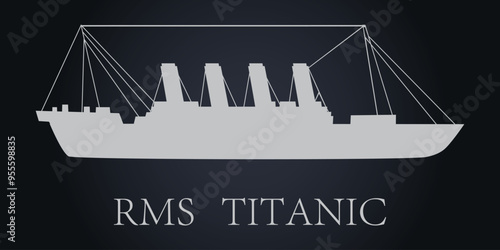 Gray silhouette of the Titanic ship on a dark background. Vector