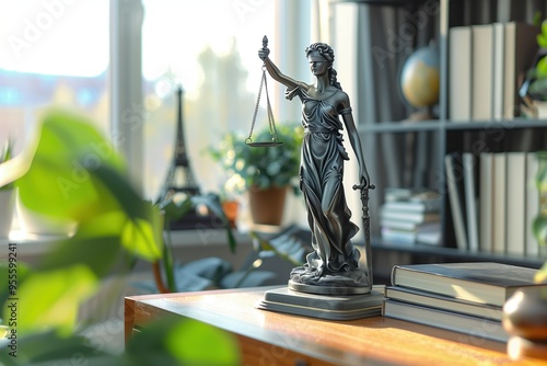 Lady Justice statue holding scales and sword on a wooden desk in a sunlit legal office, surrounded by law books and plants, symbolizing justice, balance, and legal authority