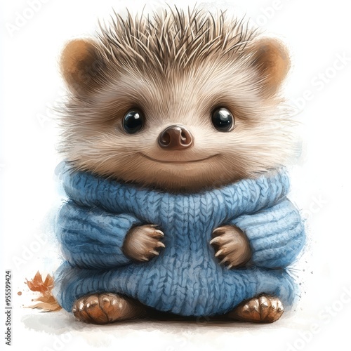 Adorable Baby Hedgehog in a Sweater, Watercolor Illustration for Children's Nursery Art Generative AI