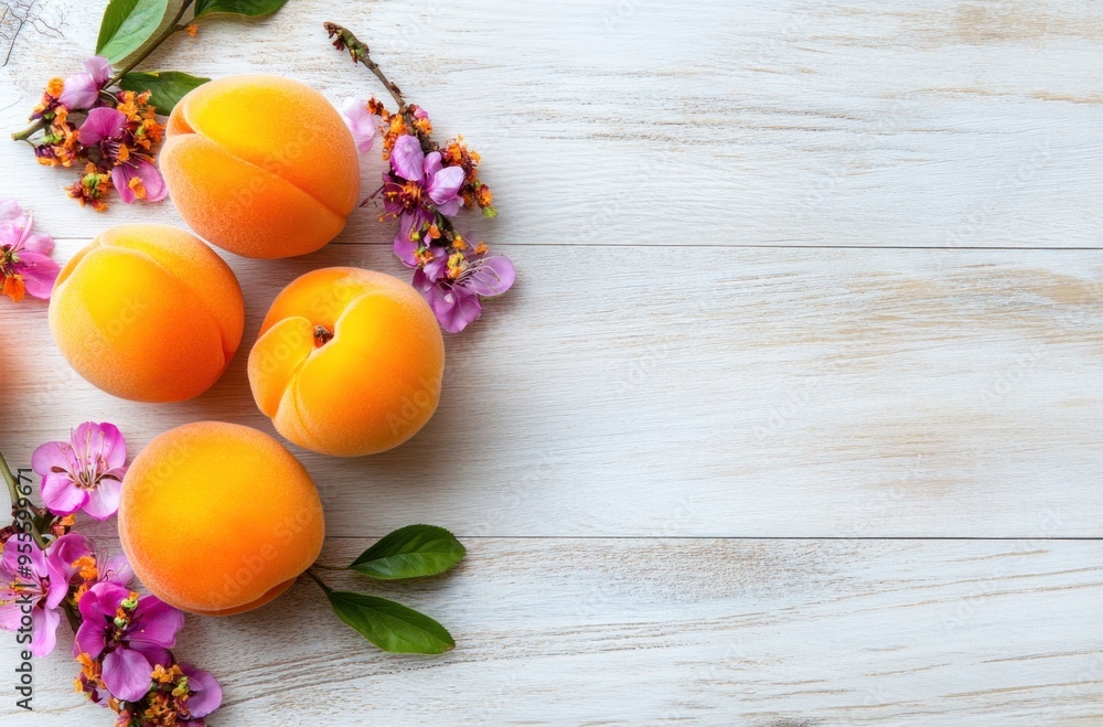 Fresh Apricots and Flowers on Wooden Background Fresh Apricots and Flowers on Wooden Background