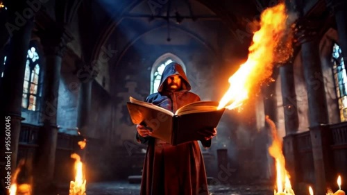 Mystical Monk Reading Enchanted Book in Ancient Cathedral