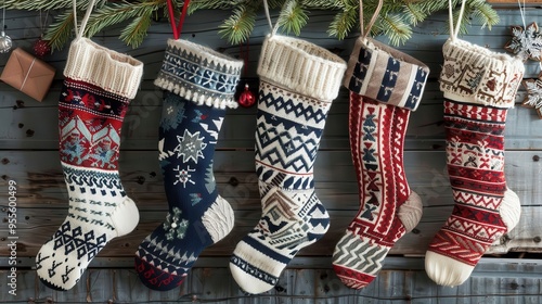 festive array of handcrafted christmas stockings featuring intricate nordicinspired patterns rich textures and traditional color schemes evoke a cozy nostalgic holiday atmosphere photo