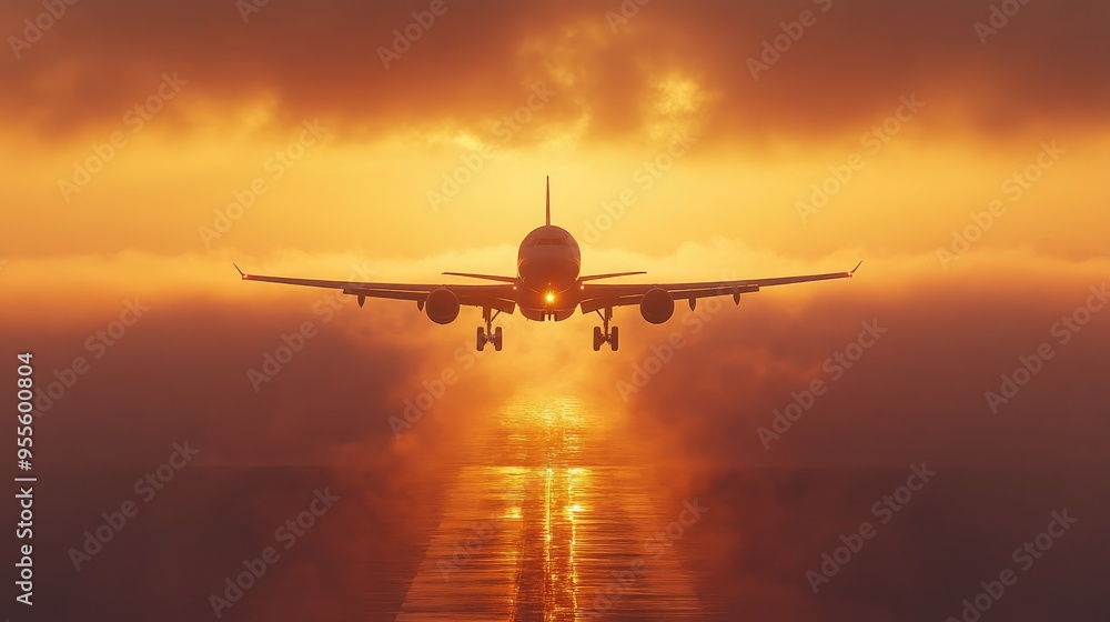 Fototapeta premium An airplane taking off at sunrise, with the golden light reflecting off the aircraft's body, signifying the start of a journey.