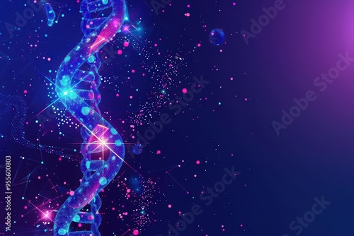 The illustration of futuristic medical research features a DNA strand made of spheres
