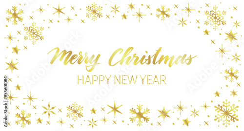 Handwritten Christmas greetings in a snowflakes frame, modern festive calligraphy lettering in golden over white.