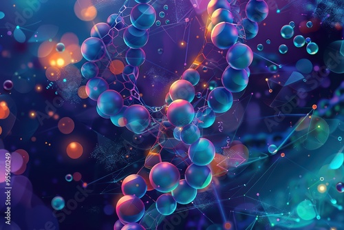 The illustration of futuristic medical research features a DNA strand made of spheres