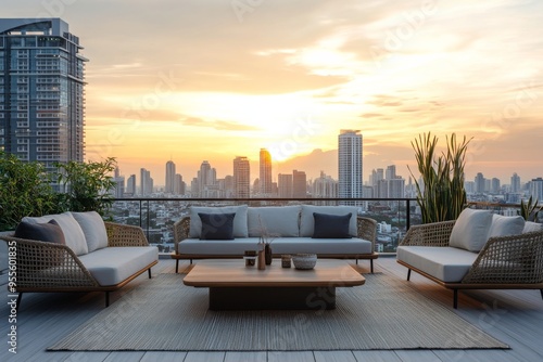 Stylish Rooftop Terrace at Sunset: A Relaxing Urban EscapeCity Skyline Views