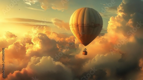 A hot air balloon flying in the sky among fluffy clouds.