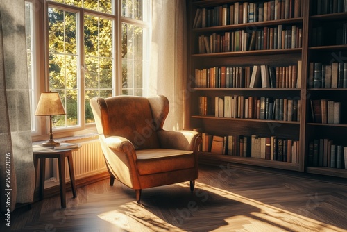 Cozy Sunlit Reading NookComfortable Armchair in Warm Tones for Intellectual Serenity