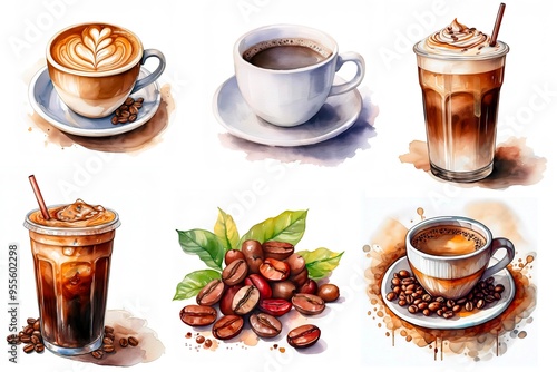 Watercolor clipart illustration coffee cups cold and hot With coffee beans 