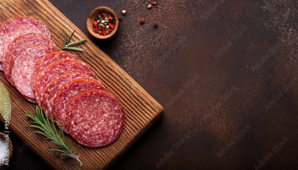 Meat food sausage salami slices on cutting board on aged brown background, mockup. Copy space, flat lay top view Meat food sausage salami slices on cutting board on aged brown background, mockup. Copy space, flat lay top view