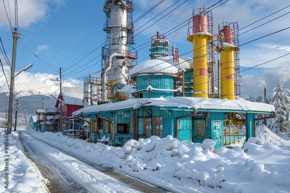 Industrial Building Covered in Snow and Surrounded by Power Lines Industrial Building Covered in Snow and Surrounded by Power Lines