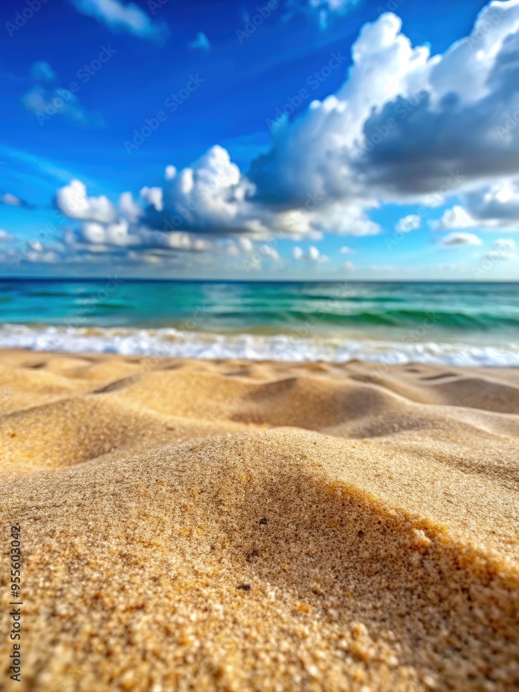 Close-up of sandy beach with blue sea and clouds on a sunny day. Generative AI Close-up of sandy beach with blue sea and clouds on a sunny day. Generative AI