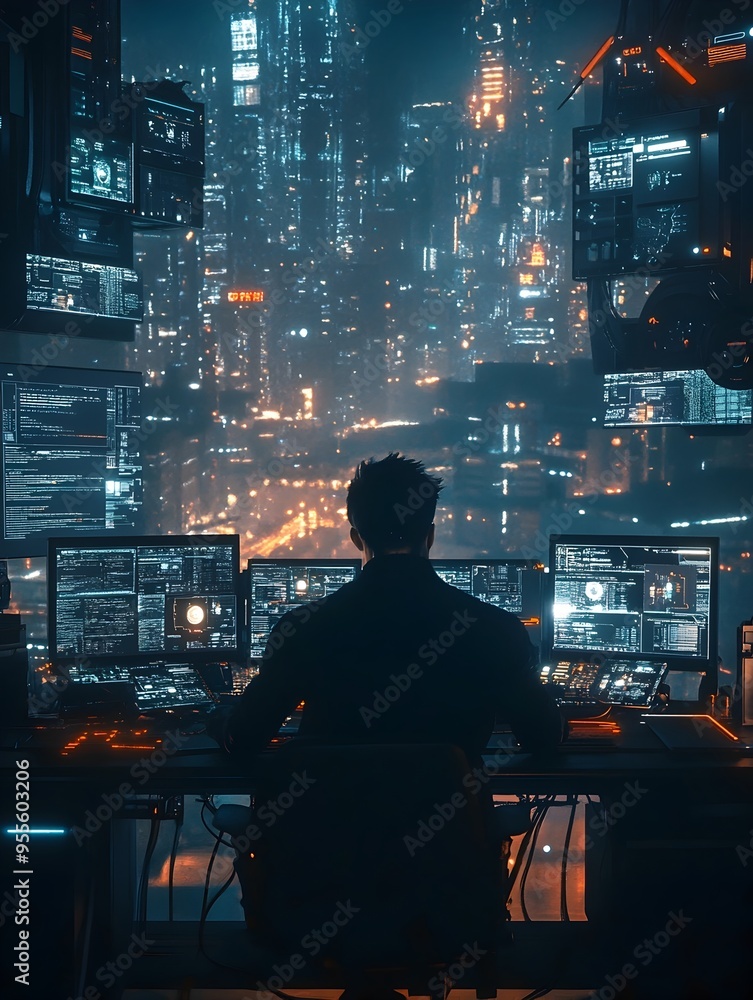 Software Engineer Immersed in Matrix Style Digital Landscape with Advanced Programming Consoles and Software Engineer Immersed in Matrix Style Digital Landscape with Advanced Programming Consoles and