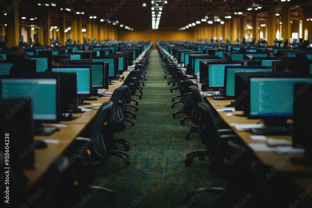 Fototapeta premium Rows of Computers in a Large Empty Room