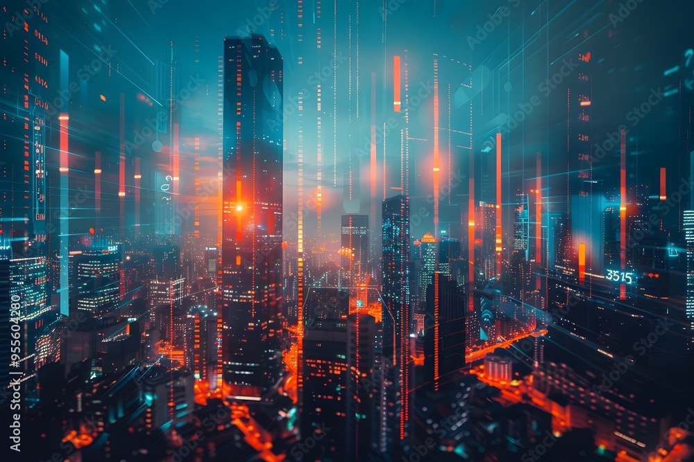 Fototapeta premium Futuristic Cityscape with Neon Lights and Data Streams