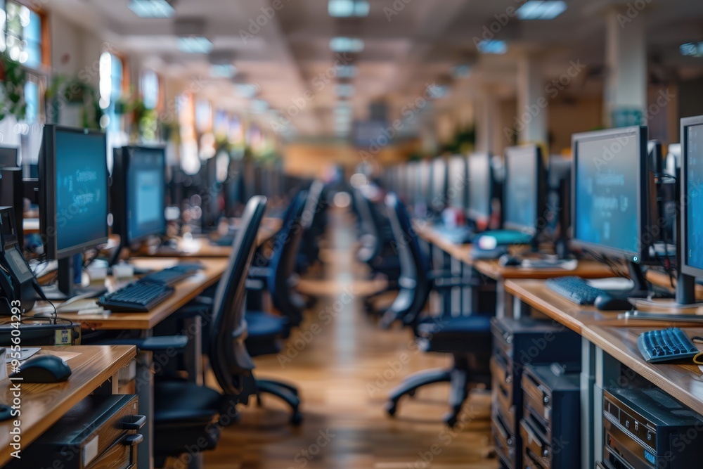 Rows of Desks and Computers in an Office Setting Rows of Desks and Computers in an Office Setting