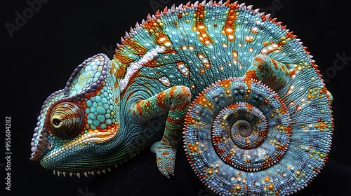 A vibrant green, orange, and blue chameleon with a spiral tail poses against a black background.