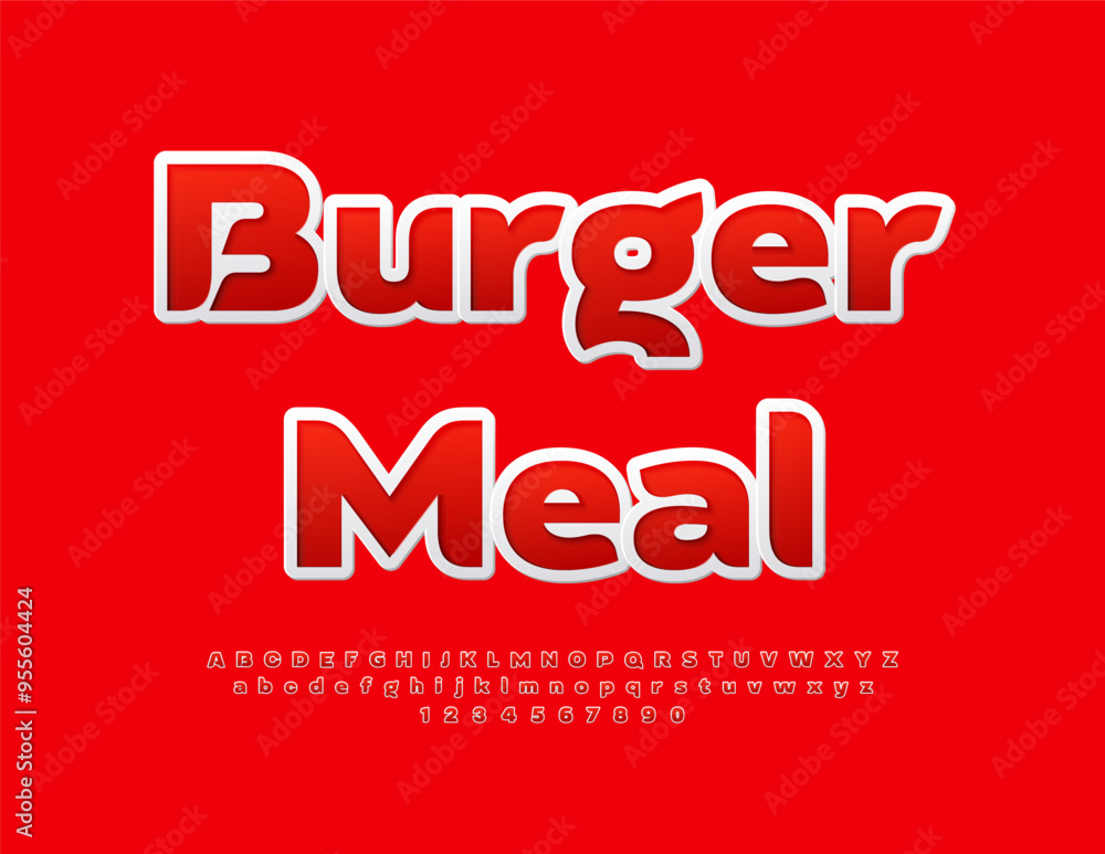 Vector bright badge Burger Meal. Red sticker Font. Artistic Alphabet Letters, Numbers and Symbols Vector bright badge Burger Meal. Red sticker Font. Artistic Alphabet Letters, Numbers and Symbols