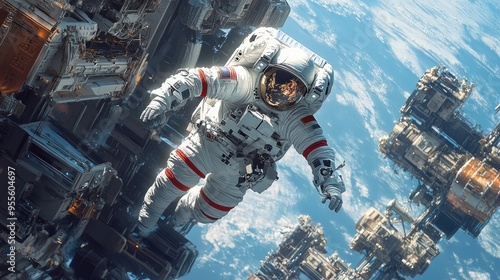 Fototapeta Naklejka Na Ścianę i Meble -  An astronaut floating outside a high-tech space station, emphasizing the scale and complexity of space stations. Clear space for text.