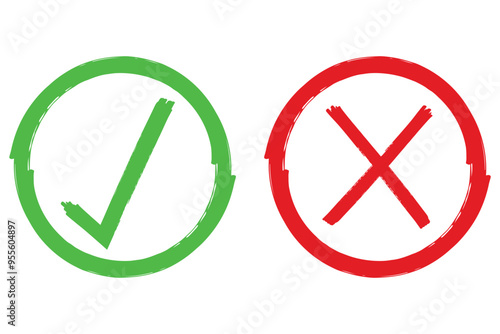 Grunge green check mark and red x sign design elements