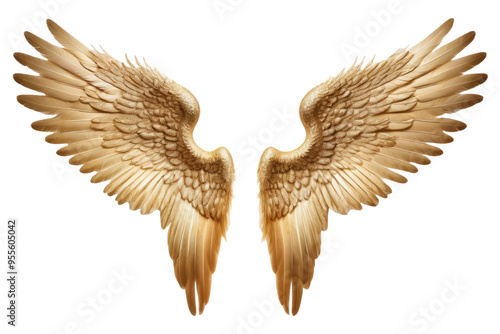 Golden angel wings, perfectly symmetrical, isolated from each other, against a flawless white background, captured as a high-quality stock photograph, featuring precise feather detailing